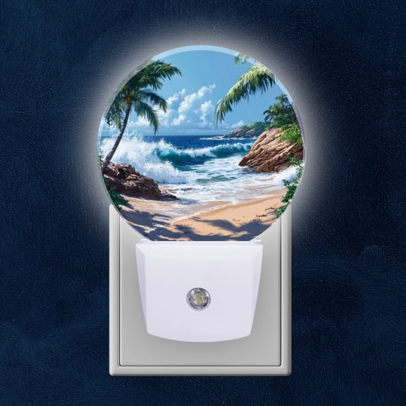 Round LED Night Lights Lamp with Dusk to Dawn Sensor, Tropical Beach With Crashing Waves And Palm Trees Night Light Plug Into Wall for Kids Room, Bedroom, Bathroom, Kitchen, Hallway