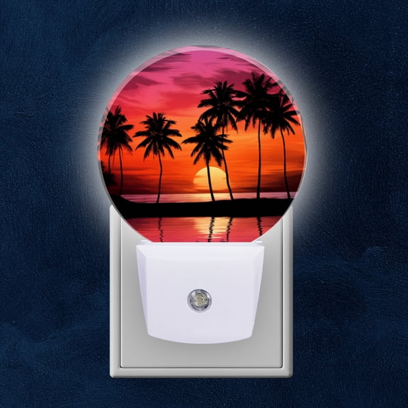 Round LED Night Lights Lamp with Dusk to Dawn Sensor, Tropical Beach Dusk With Palm Trees Silhouette Night Light Plug Into Wall for Kids Room, Bedroom, Bathroom, Kitchen, Hallway