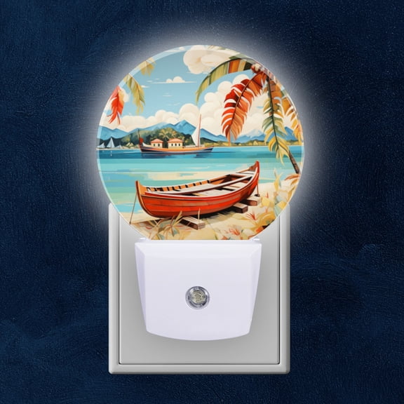 Round LED Night Lights Lamp with Dusk to Dawn Sensor, Tropical Beach Landscape With Boats And Palm Trees Night Light Plug Into Wall for Kids Room, Bedroom, Bathroom, Kitchen, Hallway