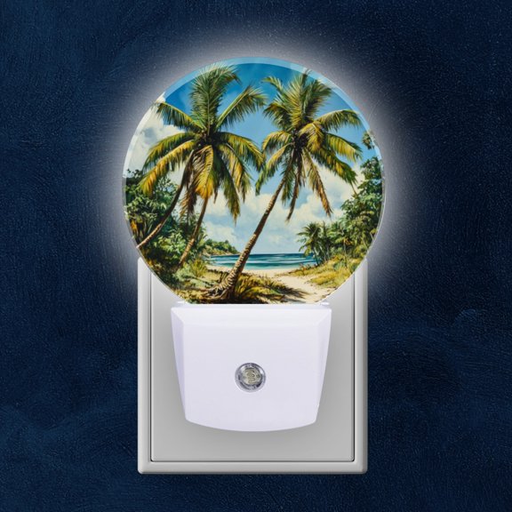 Round LED Night Lights Lamp with Dusk to Dawn Sensor, Tropical Beach Landscape With Coconut Trees Night Light Plug Into Wall for Kids Room, Bedroom, Bathroom, Kitchen, Hallway