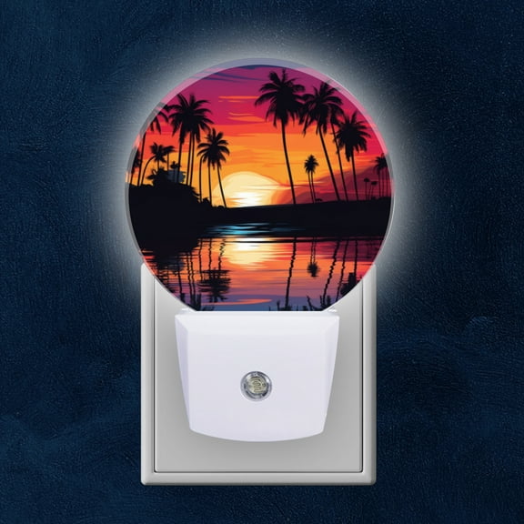 Round LED Night Lights Lamp with Dusk to Dawn Sensor, Tropical Beach Sunset With Palm Trees Silhouettes Night Light Plug Into Wall for Kids Room, Bedroom, Bathroom, Kitchen, Hallway