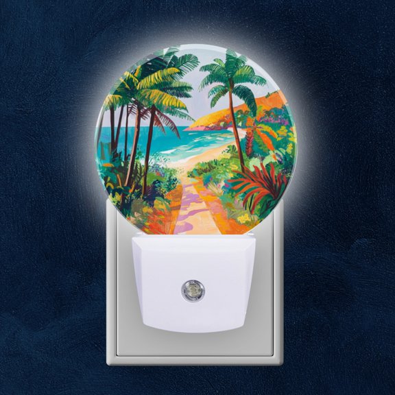Round LED Night Lights Lamp with Dusk to Dawn Sensor, Tropical Pathway To The Ocean'S Edge Night Light Plug Into Wall for Kids Room, Bedroom, Bathroom, Kitchen, Hallway