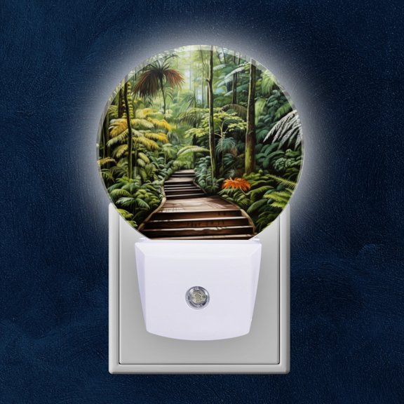 Round LED Night Lights Lamp with Dusk to Dawn Sensor, Tropical Rainforest Walkway Surrounded By Foliage Night Light Plug Into Wall for Kids Room, Bedroom, Bathroom, Kitchen, Hallway