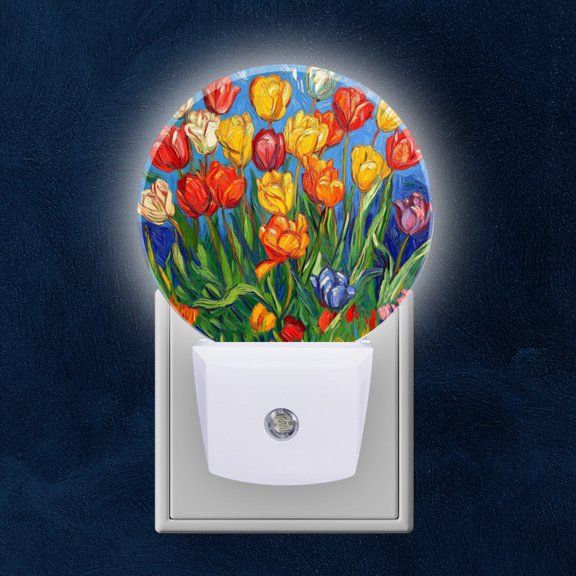 Round LED Night Lights Lamp with Dusk to Dawn Sensor, Tulip Garden In Flurry Of Colors Night Light Plug Into Wall for Kids Room, Bedroom, Bathroom, Kitchen, Hallway