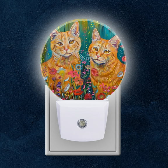 Round LED Night Lights Lamp with Dusk to Dawn Sensor, Two Ginger Cats Amidst Seof Colorful Wildflowers Night Light Plug Into Wall for Kids Room, Bedroom, Bathroom, Kitchen, Hallway