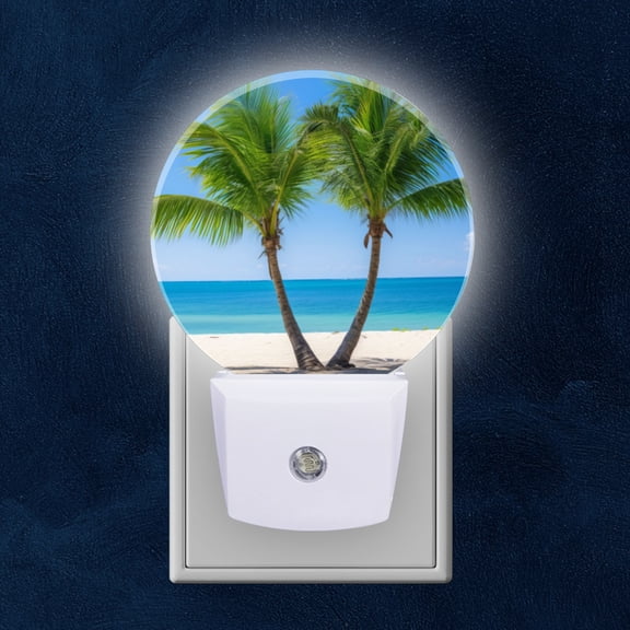 Round LED Night Lights Lamp with Dusk to Dawn Sensor, Two Palm Trees On The Beach With Blue Sky Night Light Plug Into Wall for Kids Room, Bedroom, Bathroom, Kitchen, Hallway