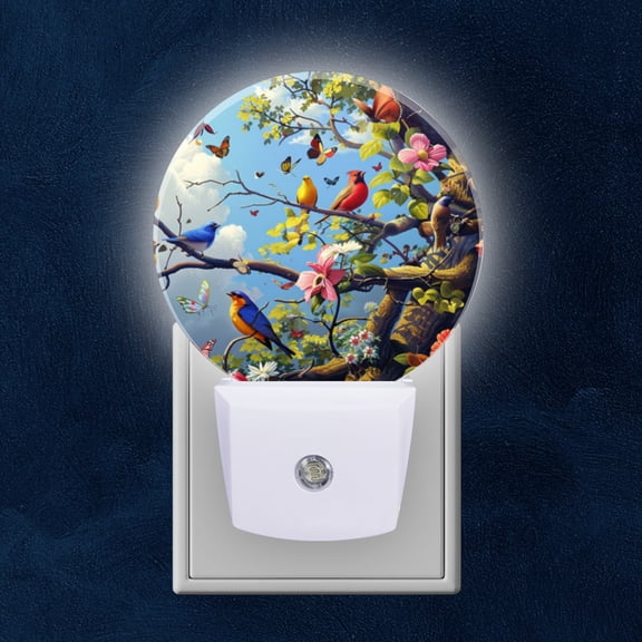 Round LED Night Lights Lamp with Dusk to Dawn Sensor, Vibrant And Detailed Painting Of Colorful Birds Perched On Branches Night Light Plug Into Wall for Kids Room, Bedroom, Bathroom, Kitchen, Hallway