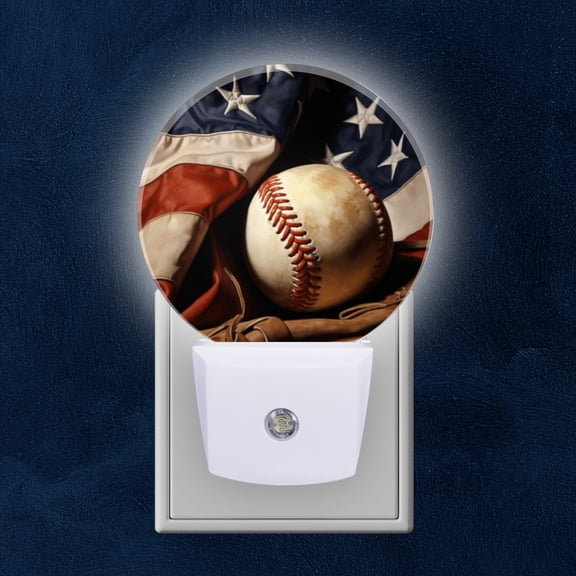 Round LED Night Lights Lamp with Dusk to Dawn Sensor, Vintage American Flag With Baseball And Glove In The Background Night Light Plug Into Wall for Kids Room, Bedroom, Bathroom, Kitchen, Hallway