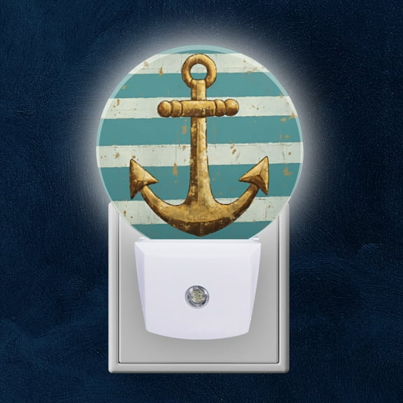 Round LED Night Lights Lamp with Dusk to Dawn Sensor, Vintage Nautical Anchor On Ocean Blue And White Striped Background Night Light Plug Into Wall for Kids Room, Bedroom, Bathroom, Kitchen, Hallway