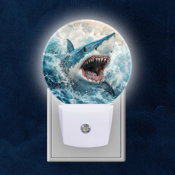 Round LED Night Lights Lamp with Dusk to Dawn Sensor, Vivid Dreadful - Shark Vision Night Light Plug Into Wall for Kids Room, Bedroom, Bathroom, Kitchen, Hallway
