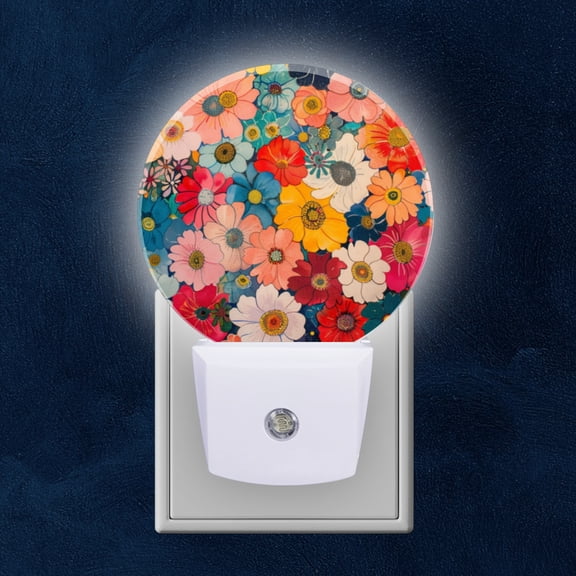 Round LED Night Lights Lamp with Dusk to Dawn Sensor, Vivid Tapestry Of Multicolored Flowers Night Light Plug Into Wall for Kids Room, Bedroom, Bathroom, Kitchen, Hallway