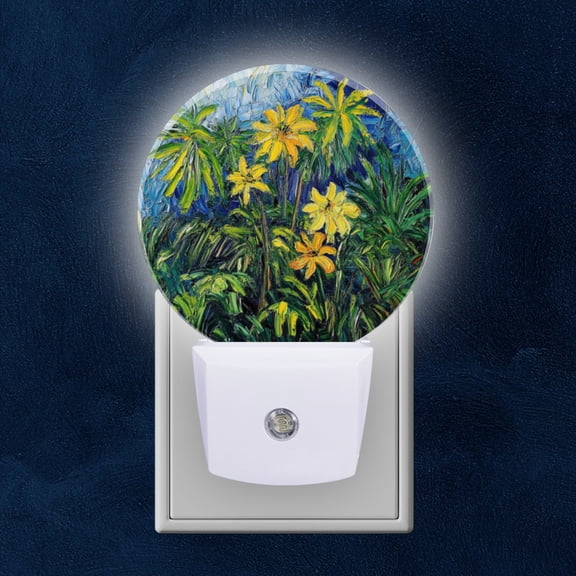 Round LED Night Lights Lamp with Dusk to Dawn Sensor, Vivid Yellow Flowers In An Impressionist Landscape Night Light Plug Into Wall for Kids Room, Bedroom, Bathroom, Kitchen, Hallway