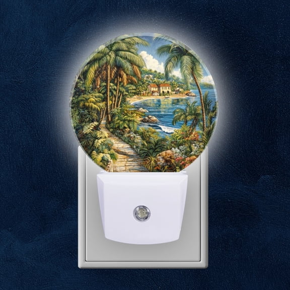 Round LED Night Lights Lamp with Dusk to Dawn Sensor, Walk Through Tropical Coastal Splendor Night Light Plug Into Wall for Kids Room, Bedroom, Bathroom, Kitchen, Hallway