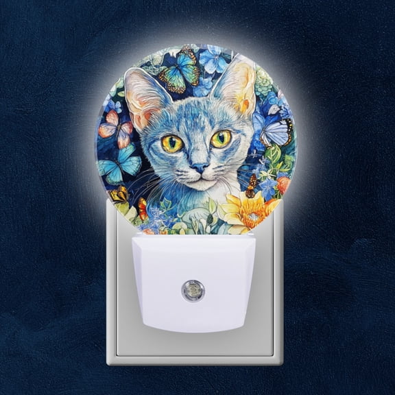 Round LED Night Lights Lamp with Dusk to Dawn Sensor, Watercolor Style Blue Cat Surrounded By Butterflies And Flowers Night Light Plug Into Wall for Kids Room, Bedroom, Bathroom, Kitchen, Hallway