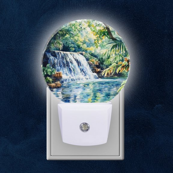 Round LED Night Lights Lamp with Dusk to Dawn Sensor, Waterfall In Serene, Watercolor Painted Jungle Retreat Night Light Plug Into Wall for Kids Room, Bedroom, Bathroom, Kitchen, Hallway