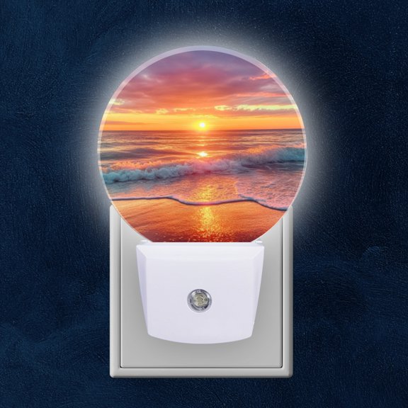 Round LED Night Lights Lamp with Dusk to Dawn Sensor, Waves Cradled In The Warm Light Of Sunset Night Light Plug Into Wall for Kids Room, Bedroom, Bathroom, Kitchen, Hallway