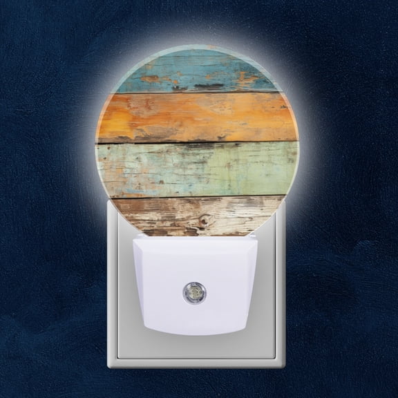 Round LED Night Lights Lamp with Dusk to Dawn Sensor, Weathered Wooden Planks With Multicolored Patches Night Light Plug Into Wall for Kids Room, Bedroom, Bathroom, Kitchen, Hallway