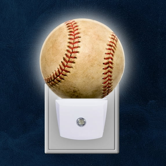 Round LED Night Lights Lamp with Dusk to Dawn Sensor, Well-Worn Baseball Night Light Plug Into Wall for Kids Room, Bedroom, Bathroom, Kitchen, Hallway