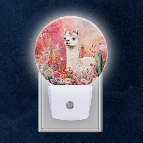 Round LED Night Lights Lamp with Dusk to Dawn Sensor, White Alpaca With Colorful Flowers Night Light Plug Into Wall for Kids Room, Bedroom, Bathroom, Kitchen, Hallway