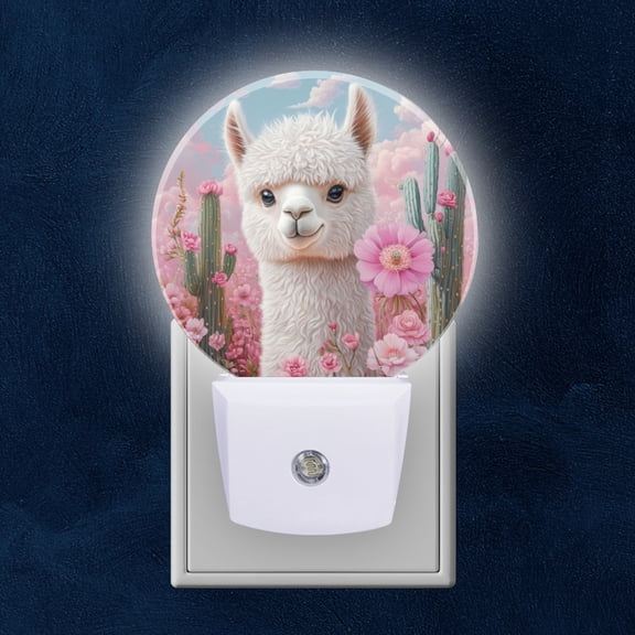 Round LED Night Lights Lamp with Dusk to Dawn Sensor, White Alpaca With Flocky Hair And Big Eyes Night Light Plug Into Wall for Kids Room, Bedroom, Bathroom, Kitchen, Hallway