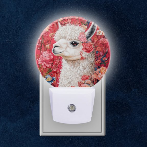 Round LED Night Lights Lamp with Dusk to Dawn Sensor, White Alpaca With Pink Flowers Night Light Plug Into Wall for Kids Room, Bedroom, Bathroom, Kitchen, Hallway