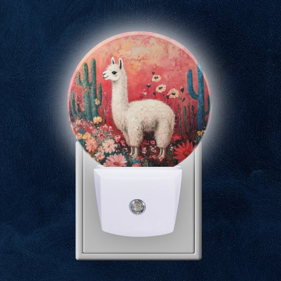 Round LED Night Lights Lamp with Dusk to Dawn Sensor, White Alpaca Stood Among The Flowers Night Light Plug Into Wall for Kids Room, Bedroom, Bathroom, Kitchen, Hallway