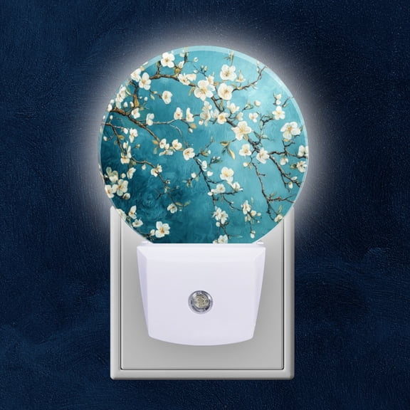 Round LED Night Lights Lamp with Dusk to Dawn Sensor, White Flowers On Teal Background Night Light Plug Into Wall for Kids Room, Bedroom, Bathroom, Kitchen, Hallway