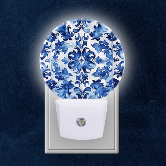 Round LED Night Lights Lamp with Dusk to Dawn Sensor, White Tiles Adorned With Blue Floral Swirls Night Light Plug Into Wall for Kids Room, Bedroom, Bathroom, Kitchen, Hallway