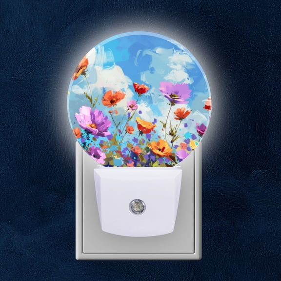 Round LED Night Lights Lamp with Dusk to Dawn Sensor, Wildflowers In Harmony With Bright Blue Heaven Night Light Plug Into Wall for Kids Room, Bedroom, Bathroom, Kitchen, Hallway
