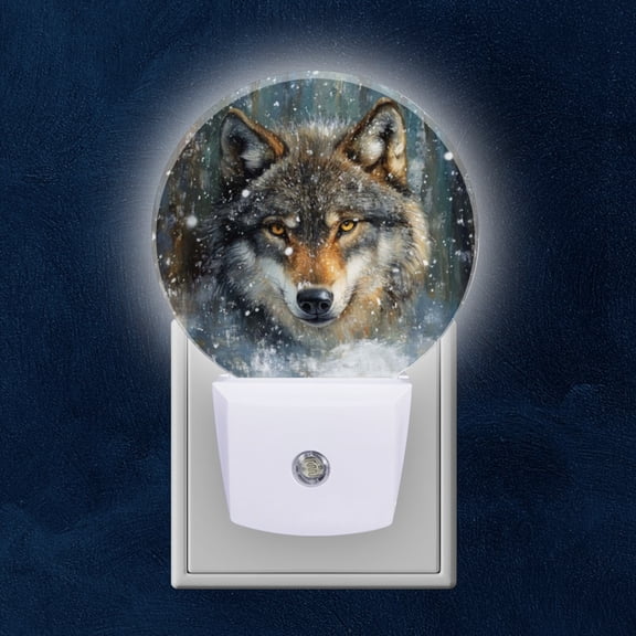 Round LED Night Lights Lamp with Dusk to Dawn Sensor, Wolf'S Gaze In Blizzard Filled Forest Night Light Plug Into Wall for Kids Room, Bedroom, Bathroom, Kitchen, Hallway