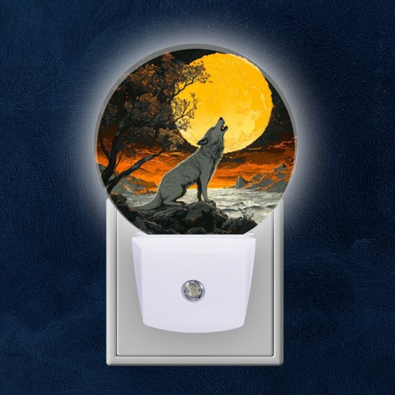 Round LED Night Lights Lamp with Dusk to Dawn Sensor, Wolf'S Power Amidst The Dark Skies And Radiant Moon Night Light Plug Into Wall for Kids Room, Bedroom, Bathroom, Kitchen, Hallway