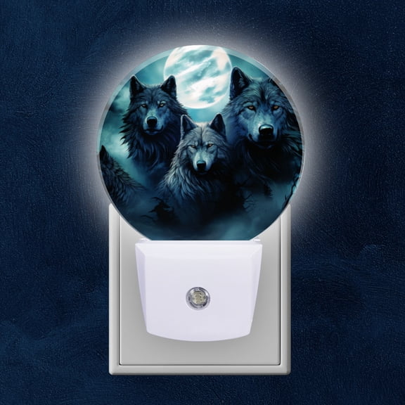 Round LED Night Lights Lamp with Dusk to Dawn Sensor, Wolves Howling At Full Moon In The Background Night Light Plug Into Wall for Kids Room, Bedroom, Bathroom, Kitchen, Hallway