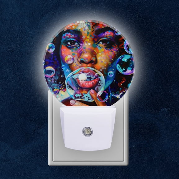Round LED Night Lights Lamp with Dusk to Dawn Sensor, Woman Blowing Bubbles In Colorful World Night Light Plug Into Wall for Kids Room, Bedroom, Bathroom, Kitchen, Hallway