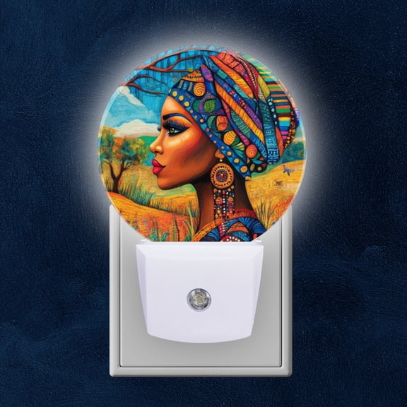 Round LED Night Lights Lamp with Dusk to Dawn Sensor, Woman In Colorful African Inspired Attire Night Light Plug Into Wall for Kids Room, Bedroom, Bathroom, Kitchen, Hallway