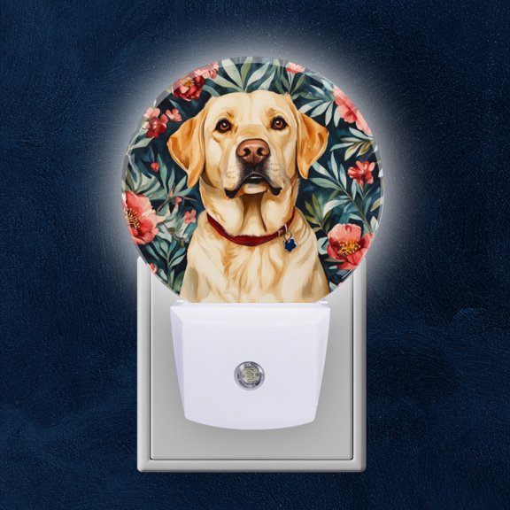 Round LED Night Lights Lamp with Dusk to Dawn Sensor, Yellow Lab With Red Collar Night Light Plug Into Wall for Kids Room, Bedroom, Bathroom, Kitchen, Hallway