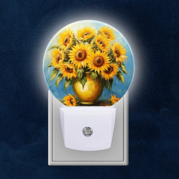 Round LED Night Lights Lamp with Dusk to Dawn Sensor, Yellow Vase Full Of Sunflowers Night Light Plug Into Wall for Kids Room, Bedroom, Bathroom, Kitchen, Hallway