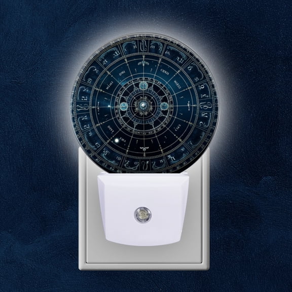 Round LED Night Lights Lamp with Dusk to Dawn Sensor, Zodiac Signs On The Background Of Space With Stars And Galaxies Night Light Plug Into Wall for Kids Room, Bedroom, Bathroom, Kitchen, Hallway