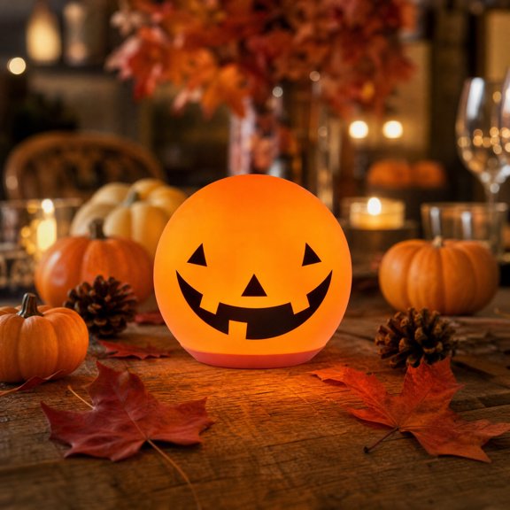 Round LED Pumpkin Halloween Lights Glowing Lamp, Halloween Lamp Battery Desk Decor Ornament Accent, Halloweens Night Light for Mantel Shelf Display