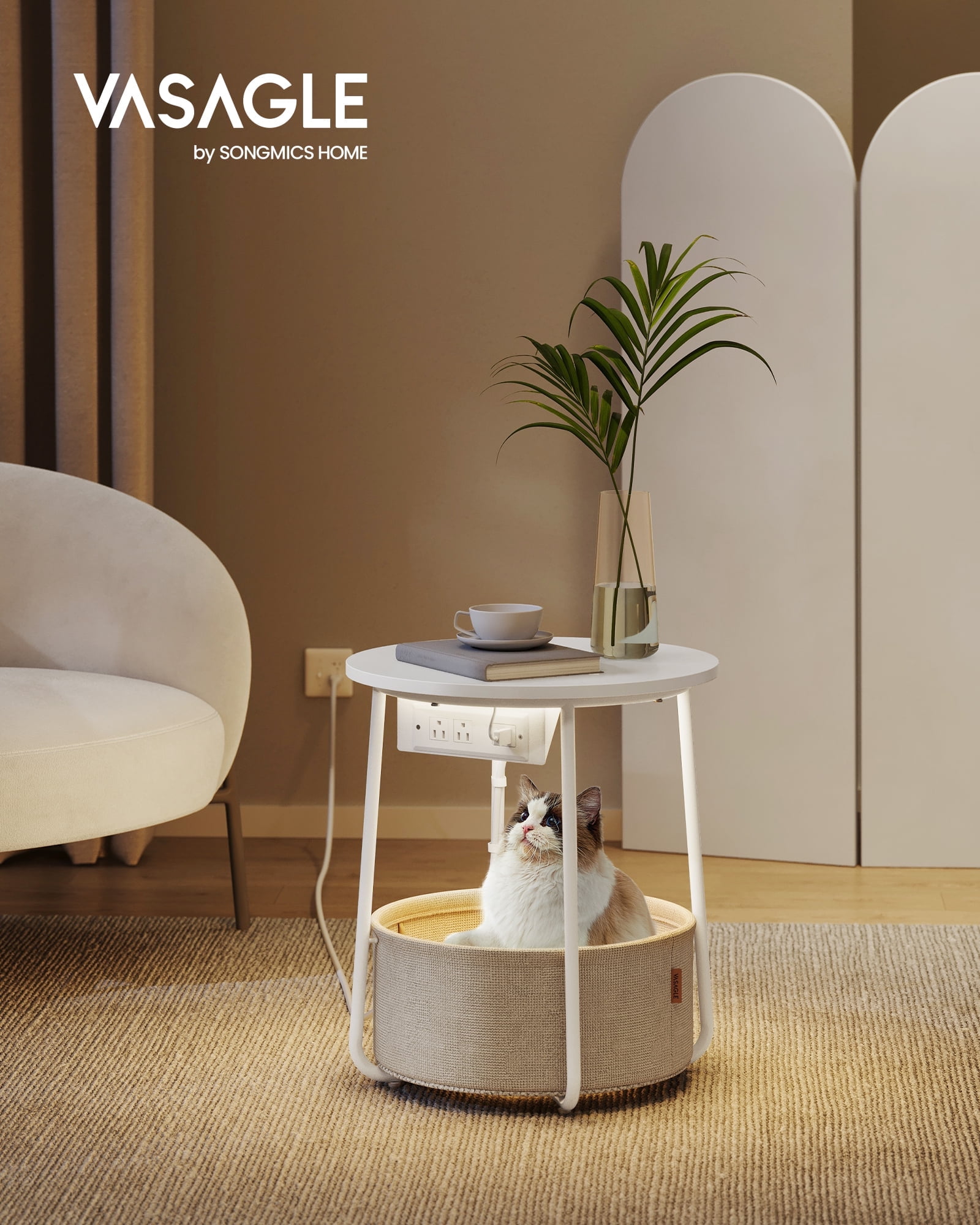 Round LED Side Table with USB Ports & Power Outlets, Fabric Storage ...
