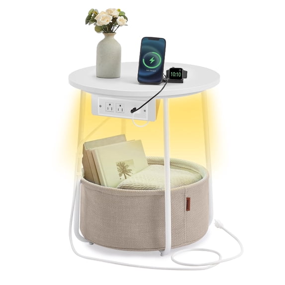 VASAGLE LILEA Collection - Side Table with Charging Station, Round End Table with Fabric Basket, LED Nightstand with USB Ports, Modern, for Living Room, Matte White and Camel Brown