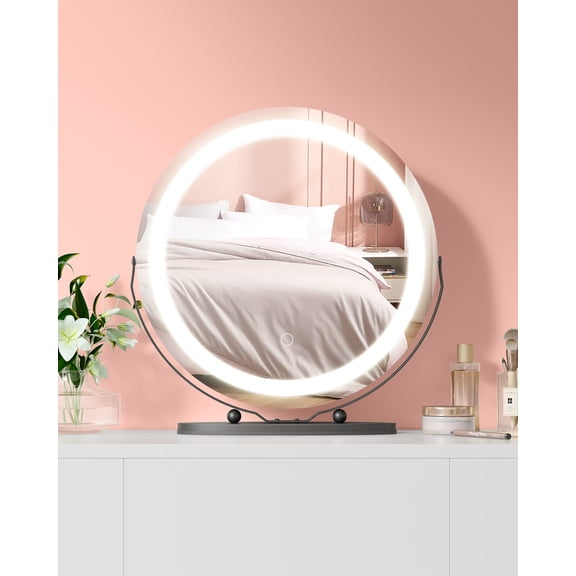 Round LED Vanity Mirror 19” with 3-Color Dimmable Touch, 360° Rotation, Adjustable Brightness, Tabletop Makeup Mirror – Black, Round 19” LED light strip, three-color adjustable