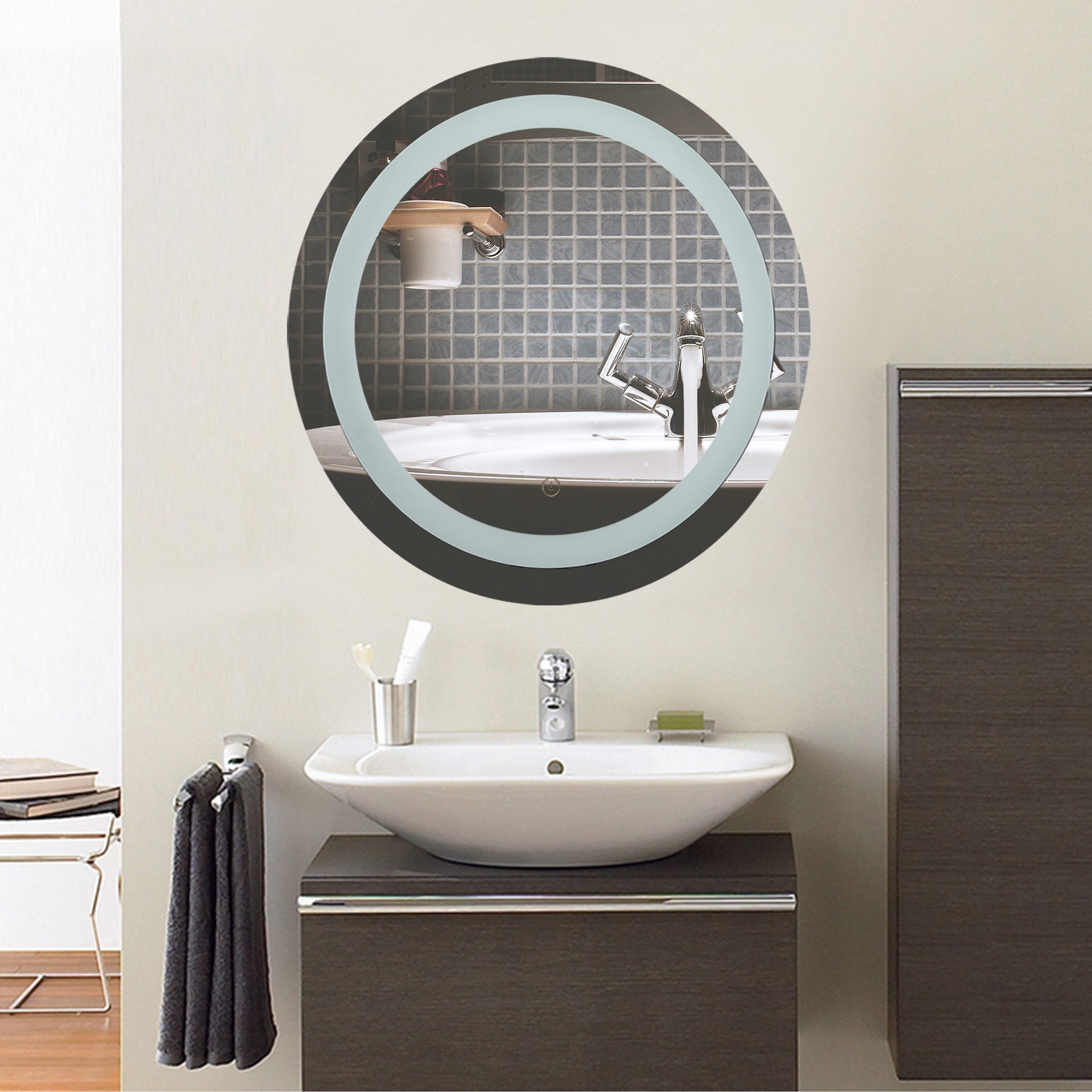 Round LED Wall Mounted Bathroom Mirror with Dimmable Touch Dimmer