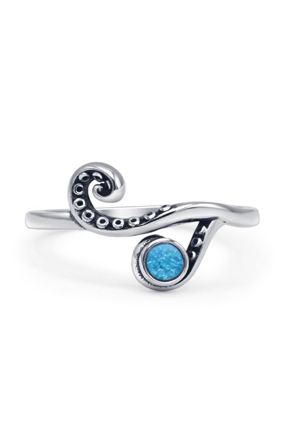 Round Lab Created Blue Opal Tentacle Octopus Oxidized Ring 925 Sterling Silver Size 9