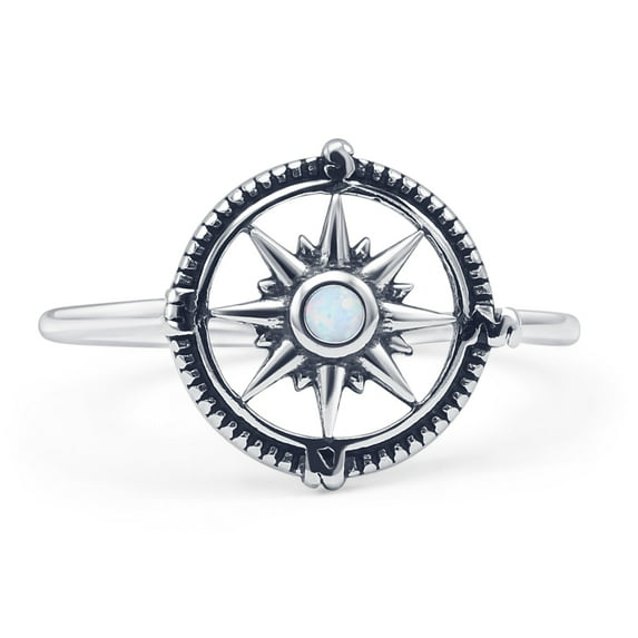 Round Lab Created White Opal Compass Oxidized Ring 925 Sterling Silver Size 7