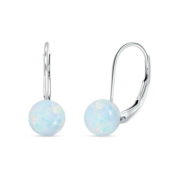 Round Lab Created White Opal Leverback Earrings 925 Sterling Silver 6mm