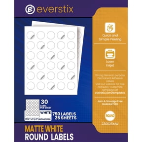 Printable Round Labels, 1.25" Diameter, 750 Matte White Stickers, 25 Sheets, for Laser and Inkjet Printers