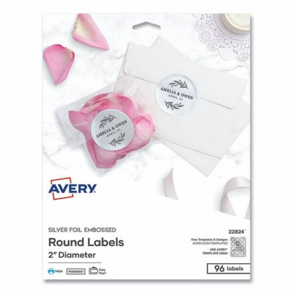 Round Labels, Inkjet Printers, 2" dia, Silver, 12/Sheet, 8 Sheets/Pack | Bundle of 2