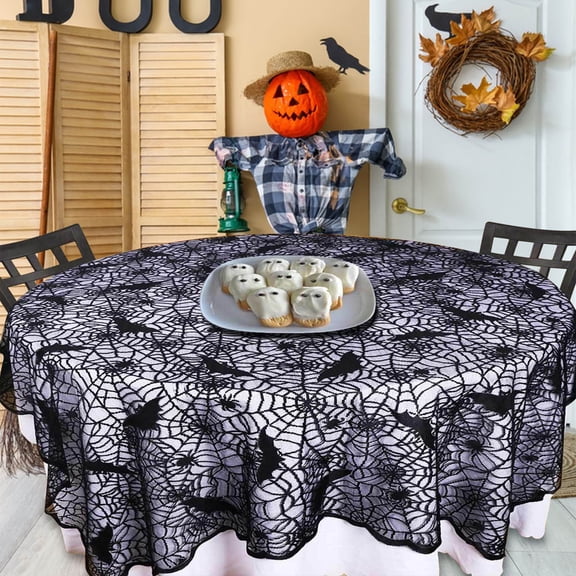 Round Lace Spider Web Tablecloth, Halloween Sheer Lace Table Topper Cover, Spooky Decorative Table Linen for Fireplace Dining Table Halloween Theme Party Decoration, Black