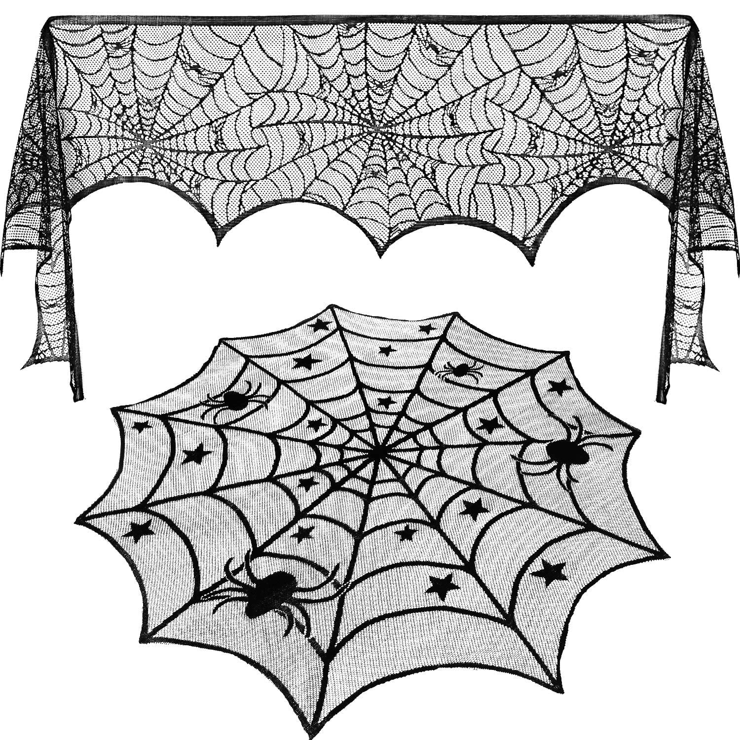 Round Lace Table Topper Black Spider Tablecloth and Fireplace Spider Decorations Lace Spiderweb Mantle Scarf Cover for Halloween Window, Dinner Party, Festival Party, Scary Movie Nights