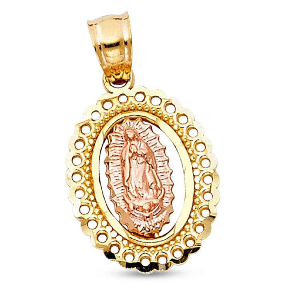 Round Lady Guadalupe Pendant 14k Yellow Rose Gold Virgin Mary Charm ...